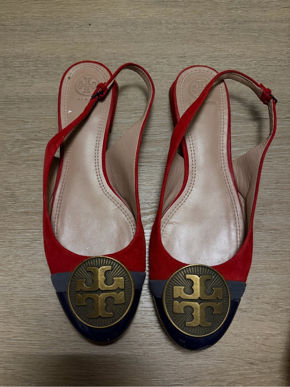 Tory Burch Red Suede Slingback Flats with Gold Logo Medallion